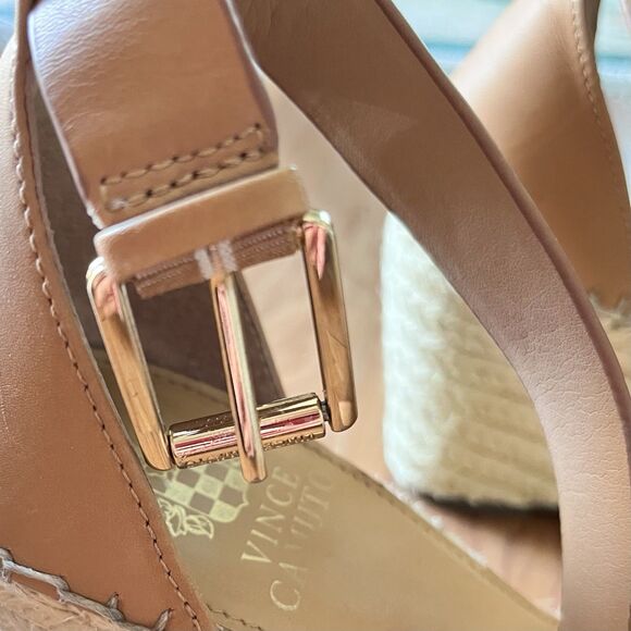 VINCE CAMUTO Lerra Camel Leather Espadrille Wedge Ankle Strap Sandal Sz 7M 37.5 - Picture 8 of 12